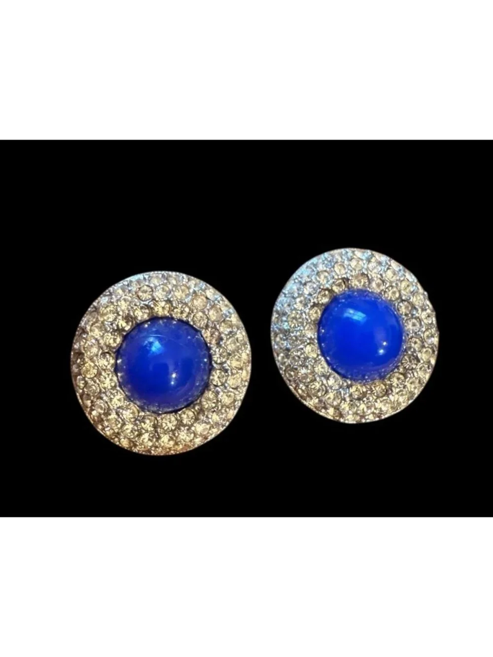 Vintage Kenneth Lane Round Blue Glass Cab Earrings Pave Clear Rhinestone 7/8” - Picture 1 of 7